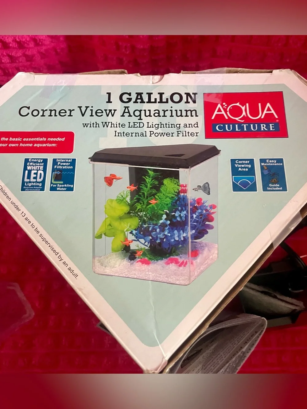 1 Gallon Corner View Aquarium with White LED Lighting and Internal Power Filter